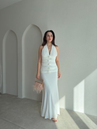 GRAMY Gül Detaylı Maxi Elbise 9041 - Beyaz - 2