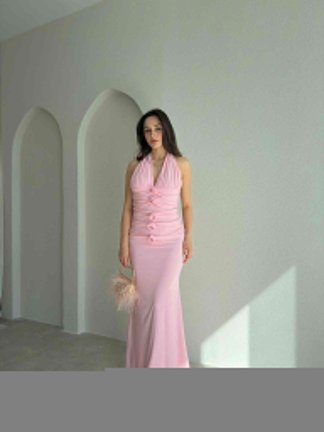 GRAMY Gül Detaylı Maxi Elbise 9041 - Pembe - 2