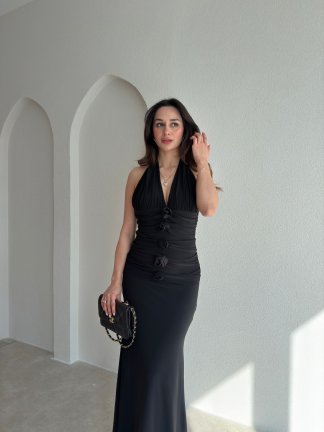 GRAMY Gül Detaylı Maxi Elbise 9041 - Siyah 