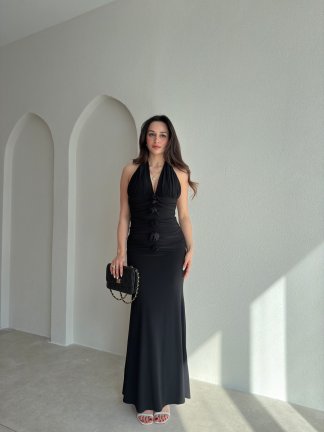 GRAMY Gül Detaylı Maxi Elbise 9041 - Siyah - 2