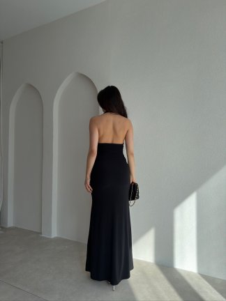 GRAMY Gül Detaylı Maxi Elbise 9041 - Siyah - 3