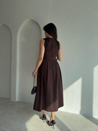 GROZA Dantel Detaylı Midi Elbise 9042 - Acı Kahve - 3