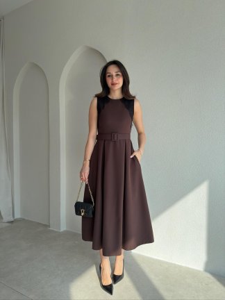 GROZA Dantel Detaylı Midi Elbise 9042 - Acı Kahve - 2