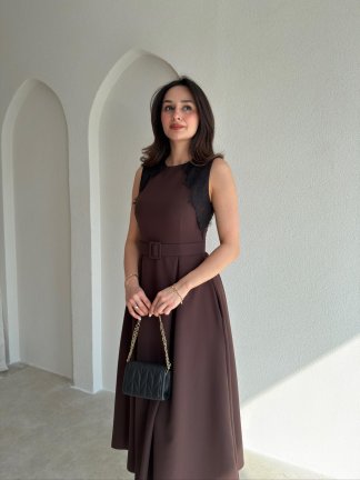 GROZA Dantel Detaylı Midi Elbise 9042 - Acı Kahve 