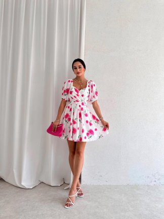 Gül Desenli Mini MİRROR Elbise 5739 - Fuşya - 2