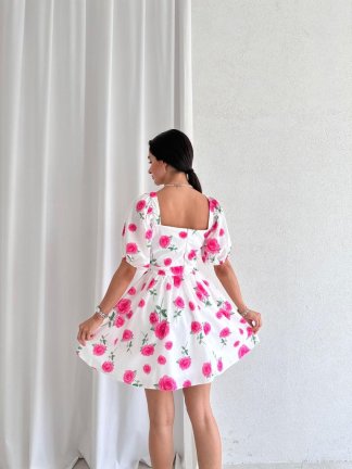 Gül Desenli Mini MİRROR Elbise 5739 - Fuşya - 3