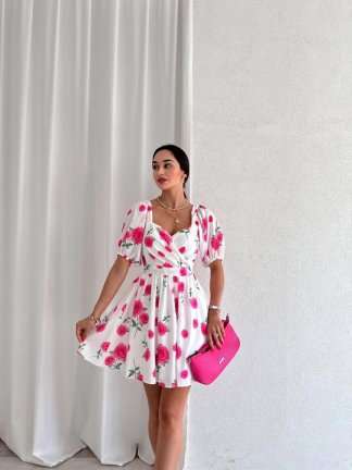 Gül Desenli Mini MİRROR Elbise 5739 - Fuşya - 1