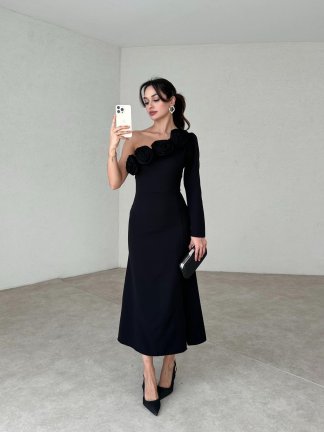 Gül Detaylı CONNELL Elbise 4891 - Siyah - 3