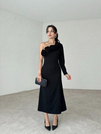 Gül Detaylı CONNELL Elbise 4891 - Siyah - 2