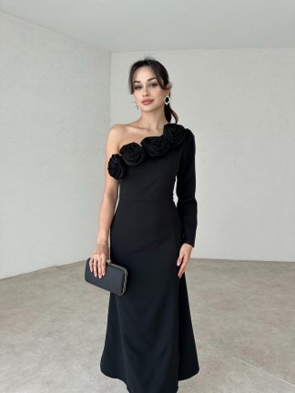 Gül Detaylı CONNELL Elbise 4891 - Siyah - 1