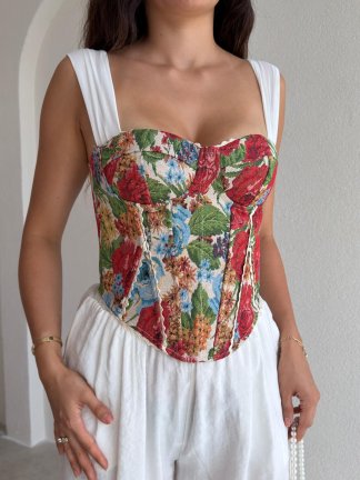 GWEN Desenli Korse Bluz - 3728 - Kırmızı - 3