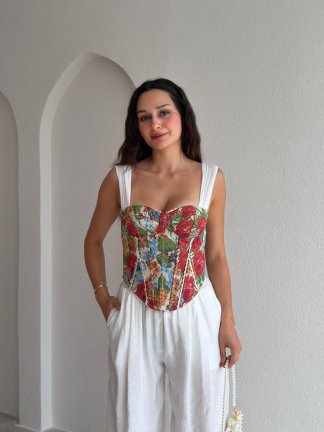 GWEN Desenli Korse Bluz - 3728 - Kırmızı 