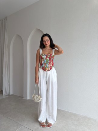 GWEN Desenli Korse Bluz - 3728 - Kırmızı - 2