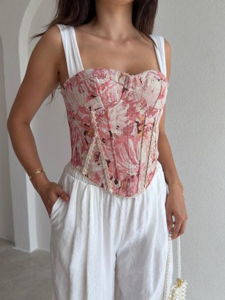 GWEN Desenli Korse Bluz - 3728 - Pudra - 2