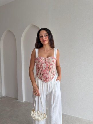 GWEN Desenli Korse Bluz - 3728 - Pudra 