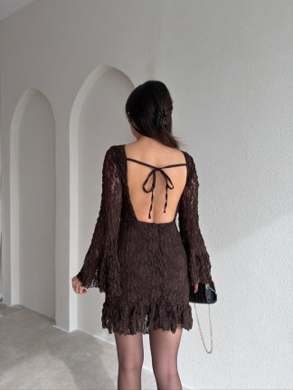 HARBOR Mini Sırt Dekolteli Elbise 8813 - Acı Kahve - 2