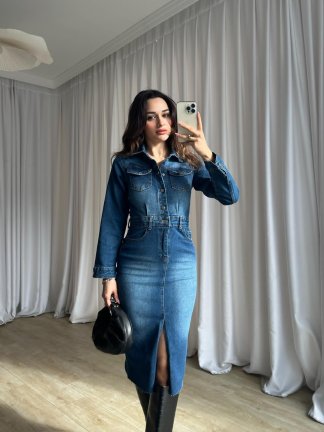 HARVEST Denim Midi Elbise 8834 - Mavi - 5