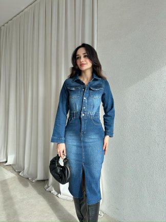 HARVEST Denim Midi Elbise 8834 - Mavi - 3