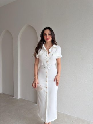 HAYİS Düğme Detaylı Midi Elbise 4633 - Beyaz 