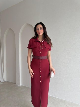 HAYİS Düğme Detaylı Midi Elbise 4633 - Bordo 