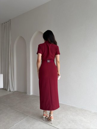 HAYİS Düğme Detaylı Midi Elbise 4633 - Bordo - 3
