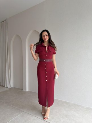 HAYİS Düğme Detaylı Midi Elbise 4633 - Bordo - 2