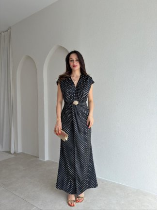 HENSEL Puantiyeli Maxi Elbise 4819 - Siyah - 2