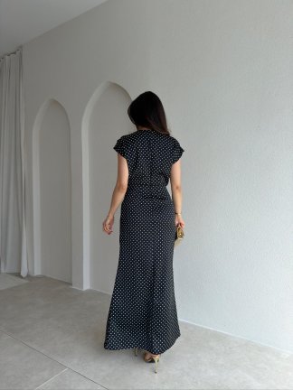 HENSEL Puantiyeli Maxi Elbise 4819 - Siyah - 3