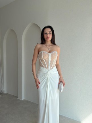 HEROS Korse Detaylı Maxi Elbise 5453 - Beyaz - 2