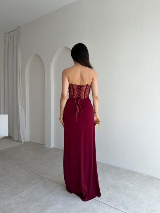 HEROS Korse Detaylı Maxi Elbise 5453 - Bordo - 3