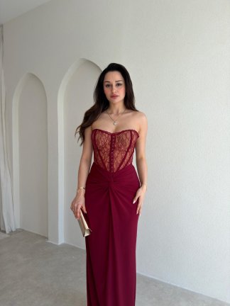 HEROS Korse Detaylı Maxi Elbise 5453 - Bordo - 2