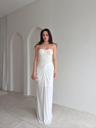 HEROS Korse Detaylı Maxi Elbise 5453 - Ekru - 1