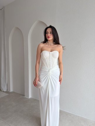 HEROS Korse Detaylı Maxi Elbise 5453 - Ekru - 2