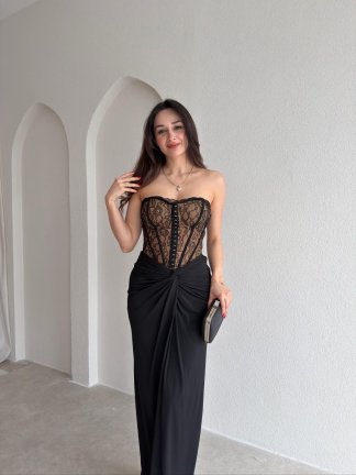 HEROS Korse Detaylı Maxi Elbise 5453 - Siyah - 2