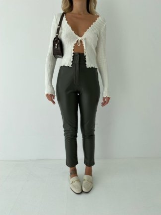  High Waist Leather Pants - Khaki - 4