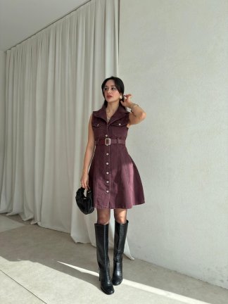 HOBBİT Kemerli Denim Elbise 8841 - Bordo - 2