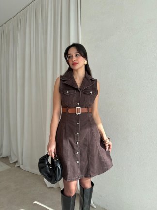 HOBBİT Kemerli Denim Elbise 8841 - Kahverengi 