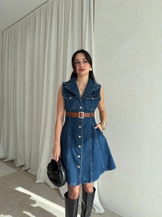 HOBBİT Kemerli Denim Elbise 8841 - Lacivert 