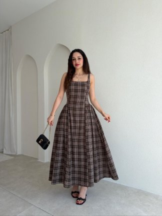 HUNTER Ekoseli Maxi Elbise 5469 - Kahverengi 