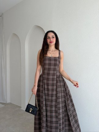 HUNTER Ekoseli Maxi Elbise 5469 - Kahverengi - 2