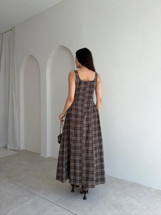 HUNTER Ekoseli Maxi Elbise 5469 - Kahverengi - 3