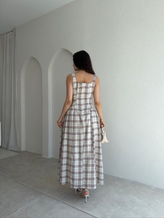 HUNTER Ekoseli Maxi Elbise 5469 - Krem - 3