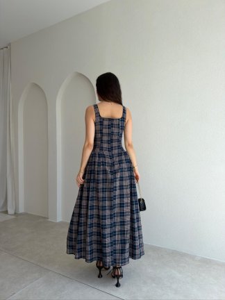 HUNTER Ekoseli Maxi Elbise 5469 - Lacivert - 3