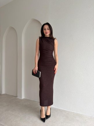 HUXLEY Simli Midi Elbise 5933 - Acı Kahve - 2