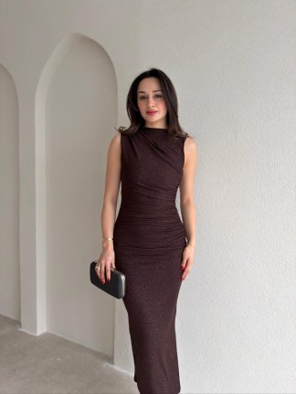 HUXLEY Simli Midi Elbise 5933 - Acı Kahve - 1