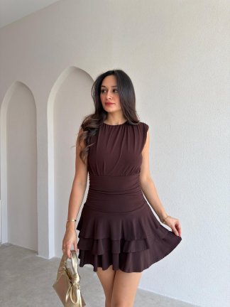İBBİE Mini Elbise 3033 - Acı Kahve 