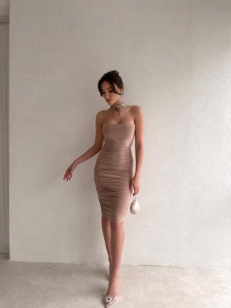 İnce Askılı Drapeli Nikki Elbise - Bej - 1