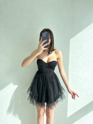 İnce Tütü Detaylı Straplez Elegant Elbise 2972 - Siyah - 1