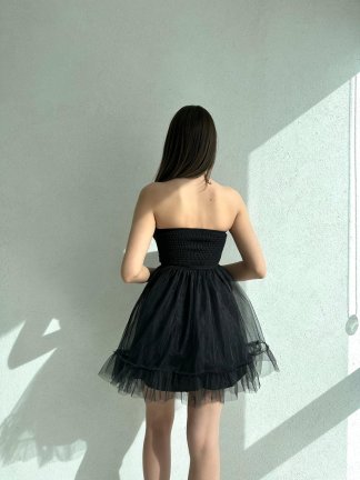 İnce Tütü Detaylı Straplez Elegant Elbise 2972 - Siyah - 4