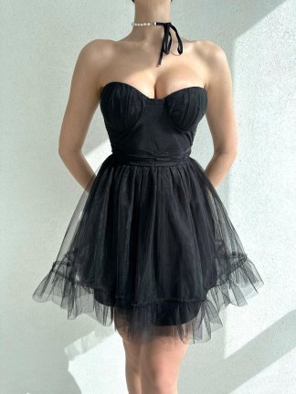 İnce Tütü Detaylı Straplez Elegant Elbise 2972 - Siyah - 2